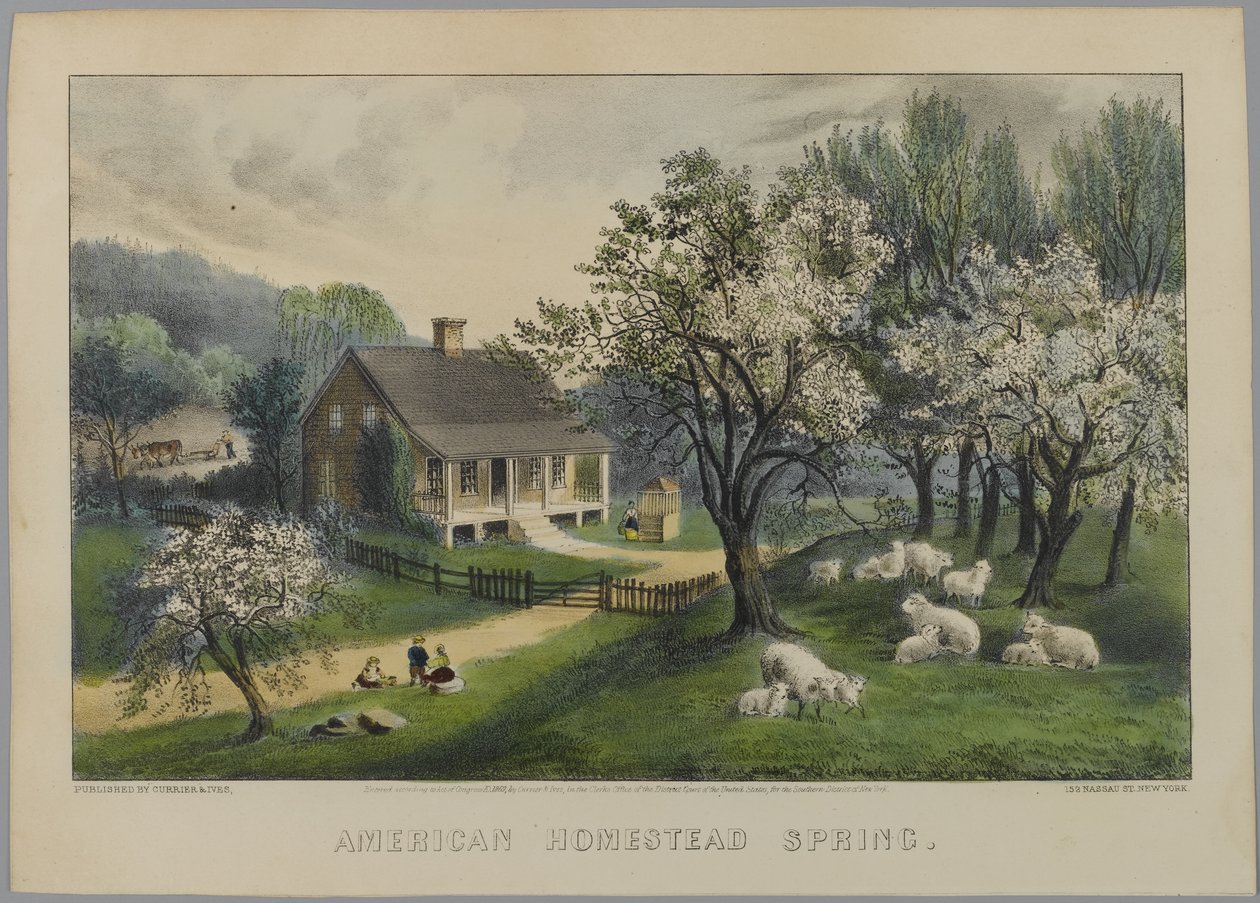 American Homestead Spring, 1868-69 (litografia colorida à mão) de N. and Ives, J.M. Currier