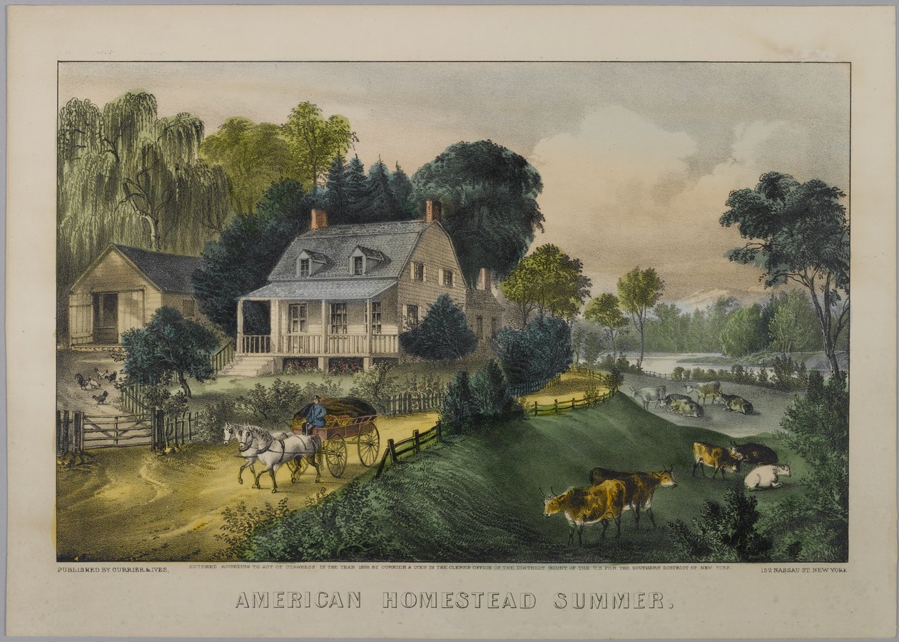American Homestead Summer, 1868-69 (litografia colorida à mão) de N. and Ives, J.M. Currier