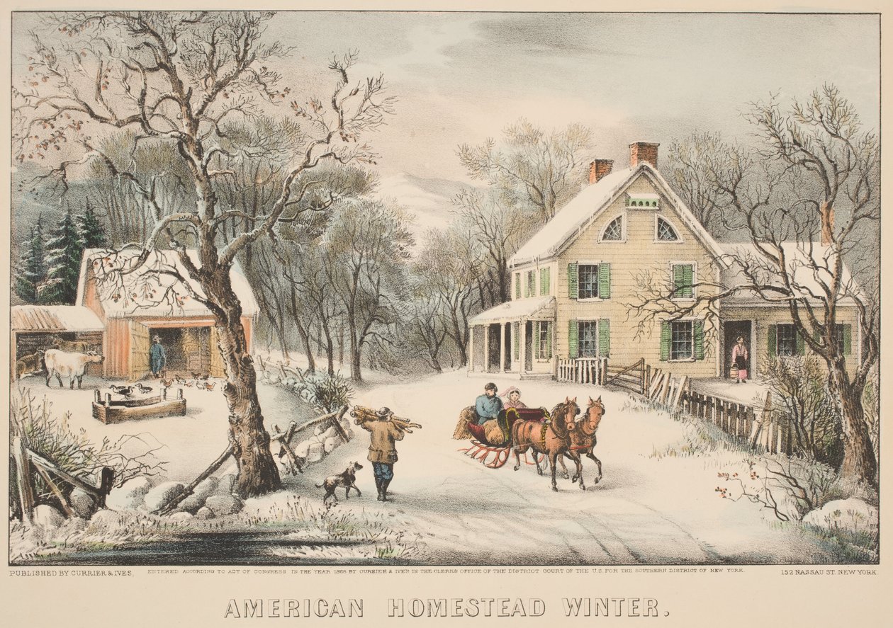 American Homestead Winter, 1868 (lito colorido) de N. and Ives, J.M. Currier
