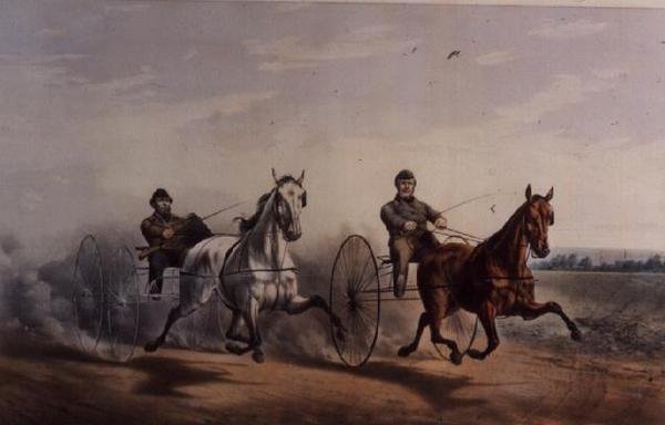 Herói e Flora Temple Swinging no Home Stretch, em sua grande partida por US $ 2.000 em cima do curso de Centreville, 1855 de N. and Ives, J.M. Currier