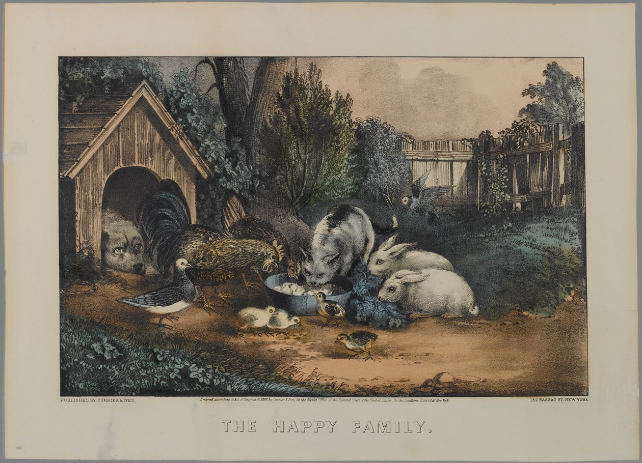A Família Feliz (litho colorido à mão) de N. and Ives, J.M. Currier