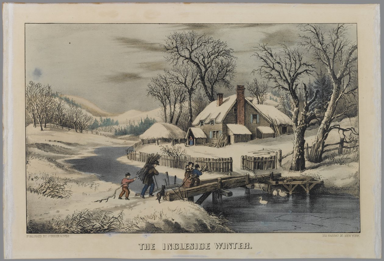 O inverno de Ingleside (litho colorido à mão) de N. and Ives, J.M. Currier