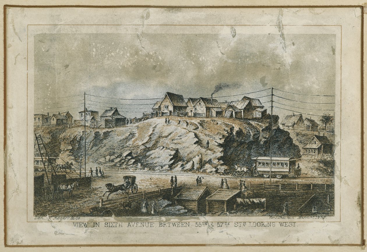 Visualizar na Sexta Avenida, entre as ruas 55 e 57, olhando para o oeste, 1858 de N. and Ives, J.M. Currier