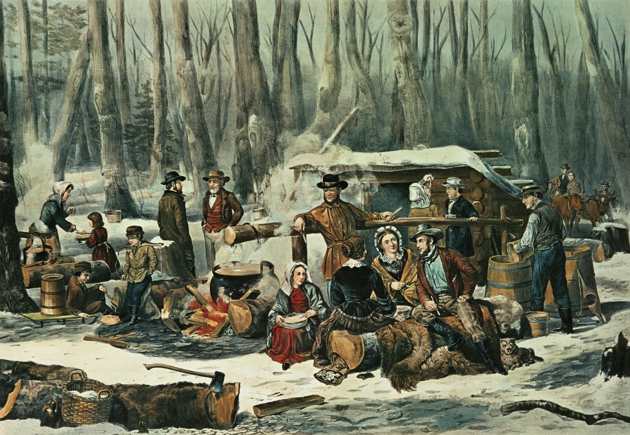Cena da floresta americana - açúcar de bordo, 1856 de N. and Ives, J.M. Currier