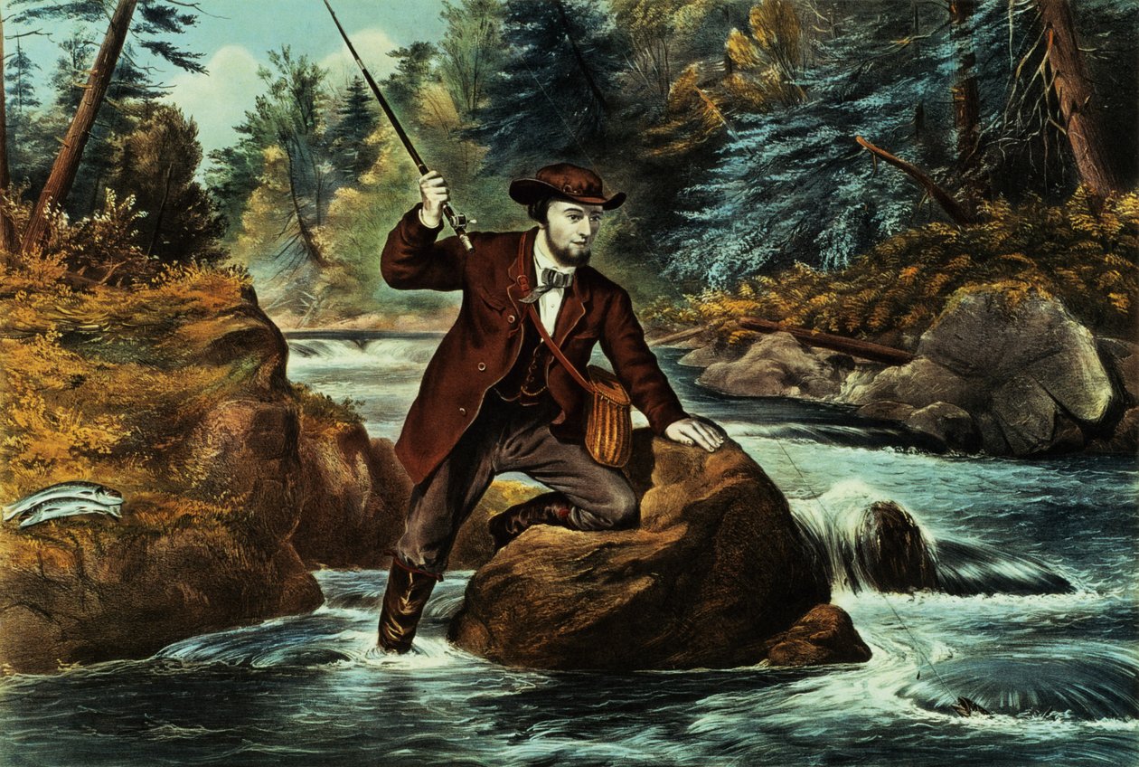 Pesca da truta de ribeiro - um momento ansioso, 1862 de N. and Ives, J.M. Currier