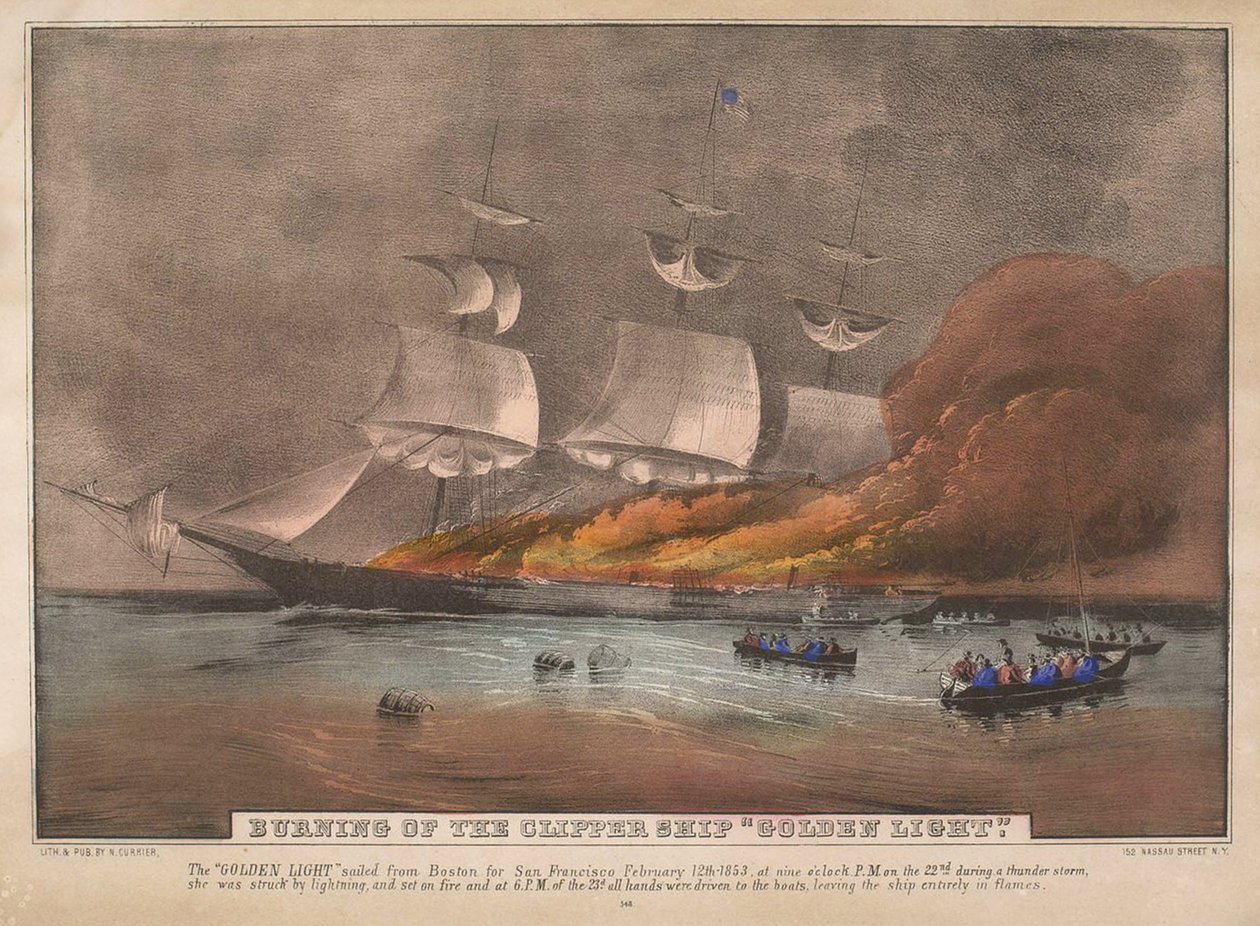 Queima do Navio Clipper, &39;Golden Light&39;, de N. and Ives, J.M. Currier