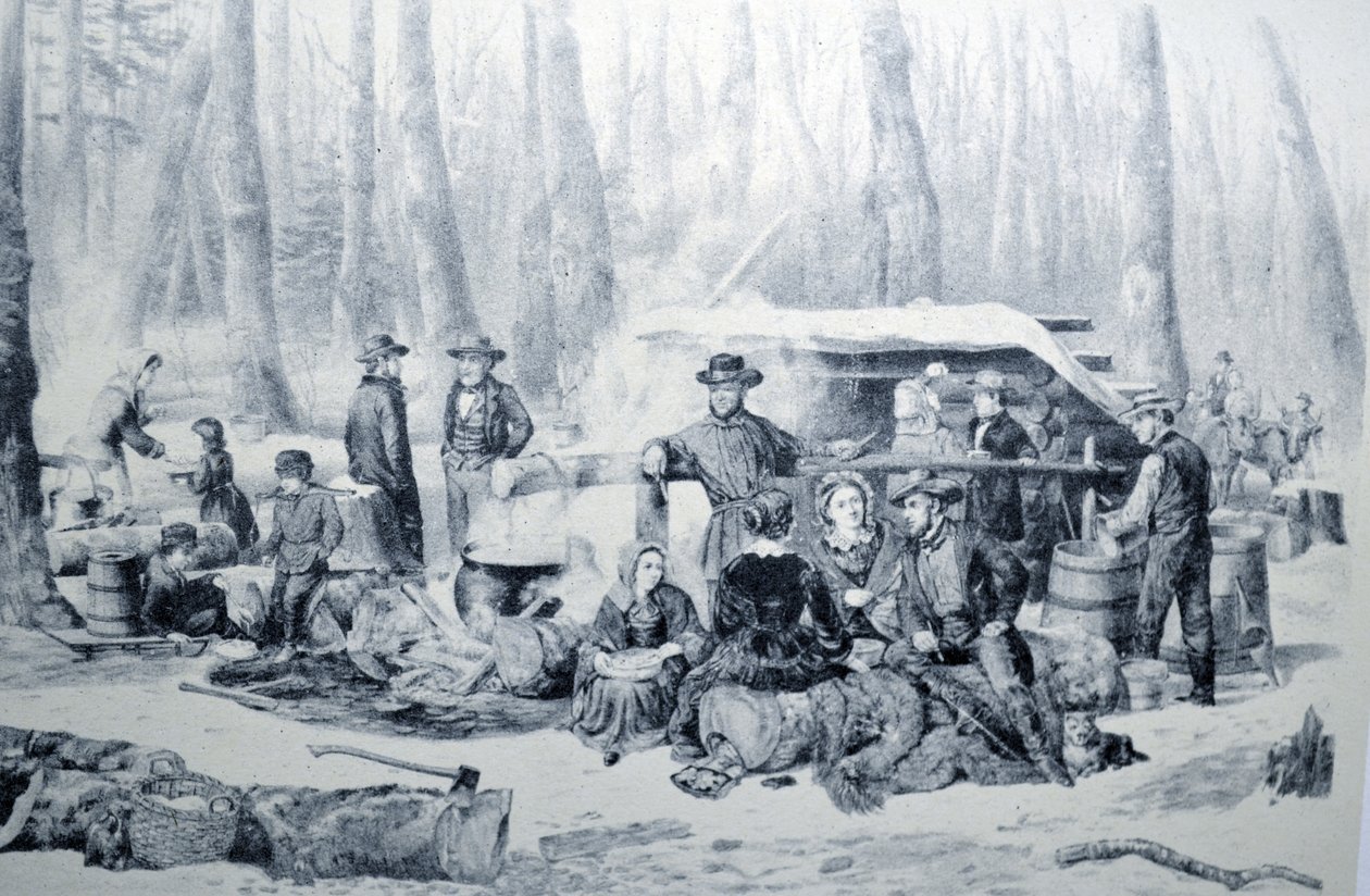 Currier & Ives Ilustração do século XIX. Cena americana da floresta, Sugaring de bordo de N. and Ives, J.M. Currier
