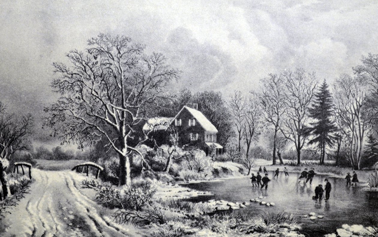Currier & Ives Ilustração do século XIX. Inverno adiantado de N. and Ives, J.M. Currier