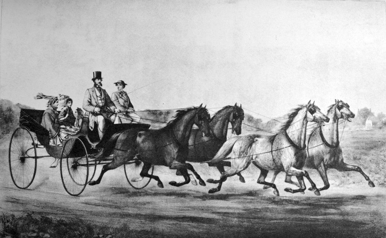 Currier & Ives Ilustração do século XIX. MINER, STEVENS & CO, carruagens de primeira classe e vagão leve de N. and Ives, J.M. Currier