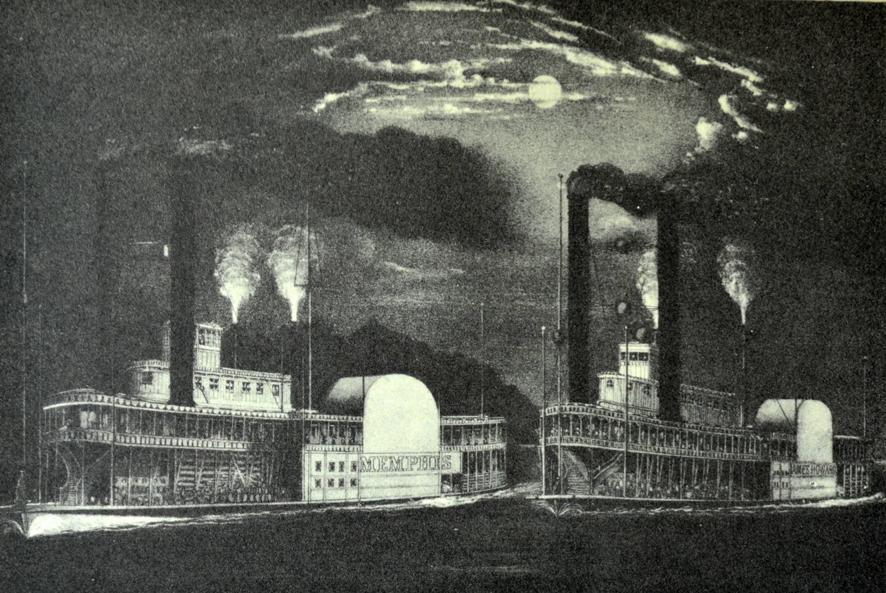 Currier & Ives Ilustração do século XIX. Corrida da meia-noite no Mississippi de N. and Ives, J.M. Currier