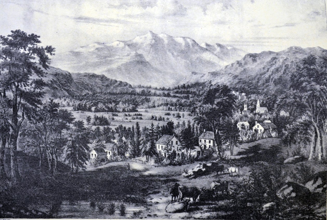Currier & Ives Ilustração do século XIX. Monte Washington e as montanhas brancas. Do vale de Conway de N. and Ives, J.M. Currier