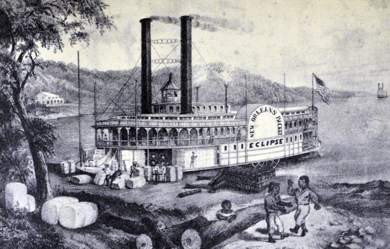 Currier & Ives Ilustração do século XIX. No Mississippi, carregando algodão de N. and Ives, J.M. Currier