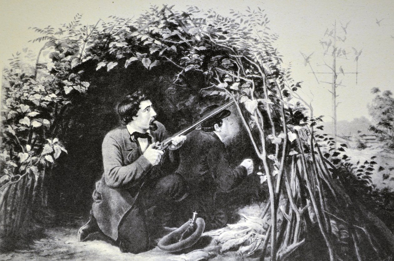 Currier & Ives Ilustração do século XIX. Pombo Tiro, Jogando o chamariz de N. and Ives, J.M. Currier