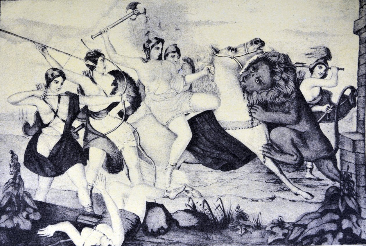 Currier & Ives Ilustração do século XIX. Rainha das amazonas atacada por um leão de N. and Ives, J.M. Currier
