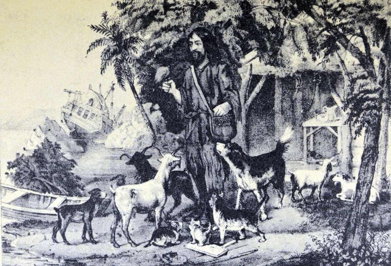 Currier & Ives Ilustração do século XIX. Robinson Crusoe e seus animais de estimação de N. and Ives, J.M. Currier