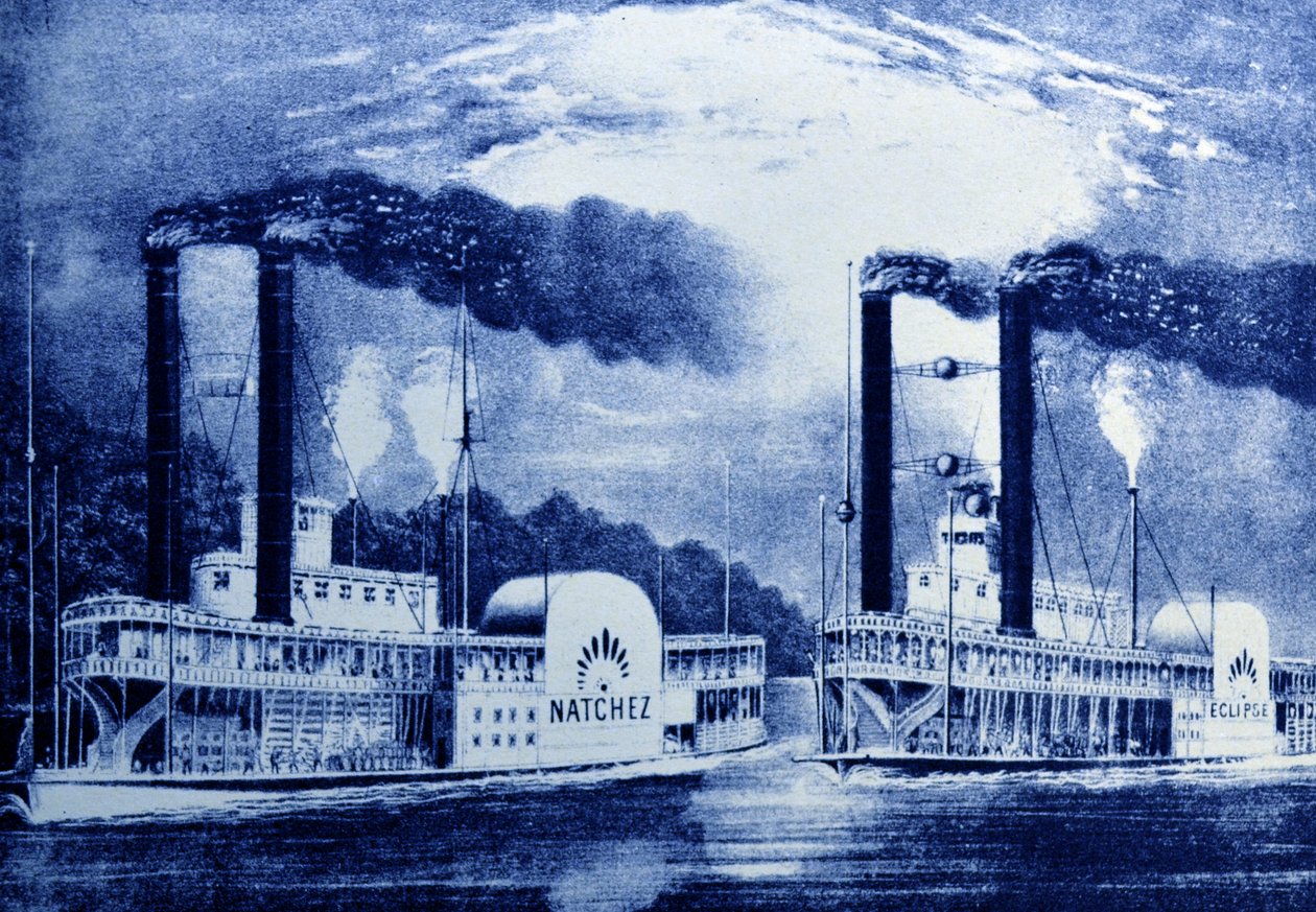 Currier & Ives Ilustração do século XIX. Corrida a vapor no Mississippi, Ato IV, Cena III, Jarrett e Palmers Revival of Uncle Toms Cabin de N. and Ives, J.M. Currier