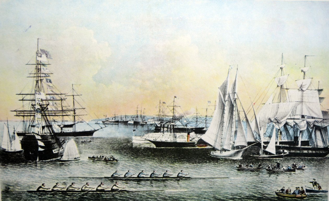 Currier & Ives Ilustração do século XIX. Cenas de verão de navios no porto de Nova York de N. and Ives, J.M. Currier