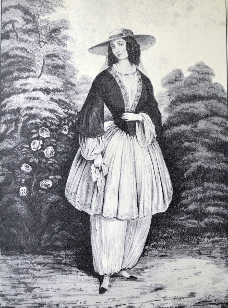 Currier & Ives Ilustração do século XIX. O traje Bloomer de N. and Ives, J.M. Currier
