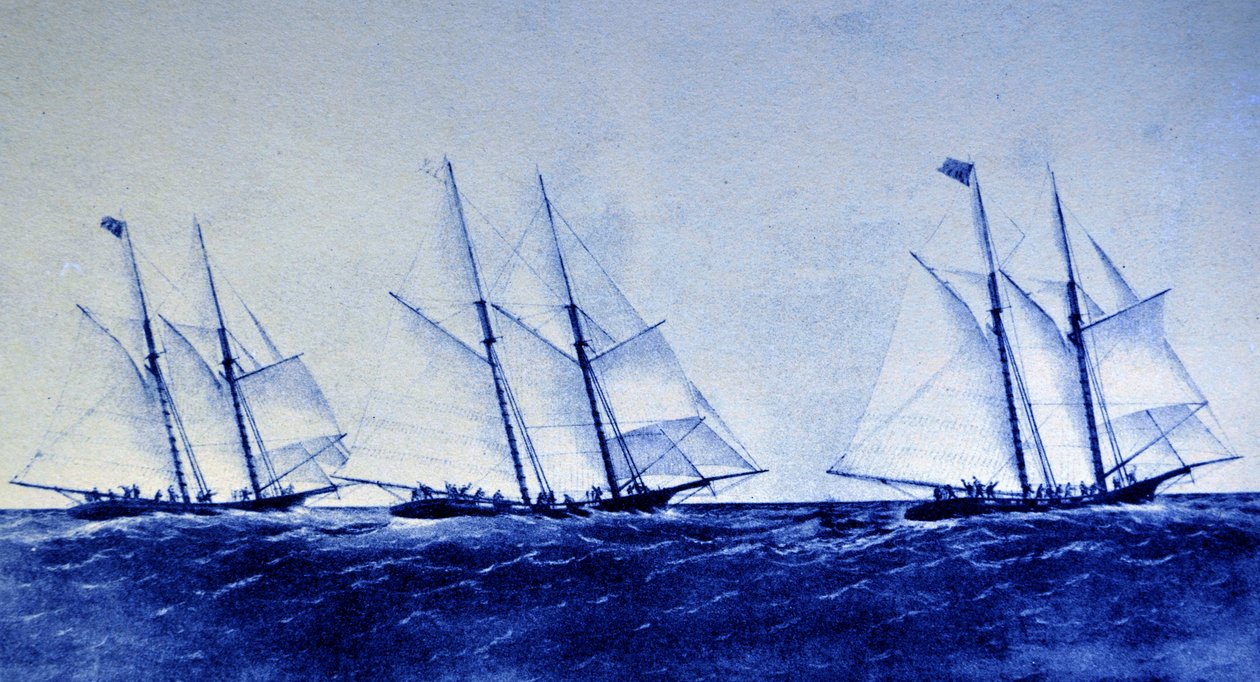 Currier & Ives Ilustração do século XIX. A grande corrida de iates oceânicos entre Henrietta, Fleetwing e Vesta de N. and Ives, J.M. Currier