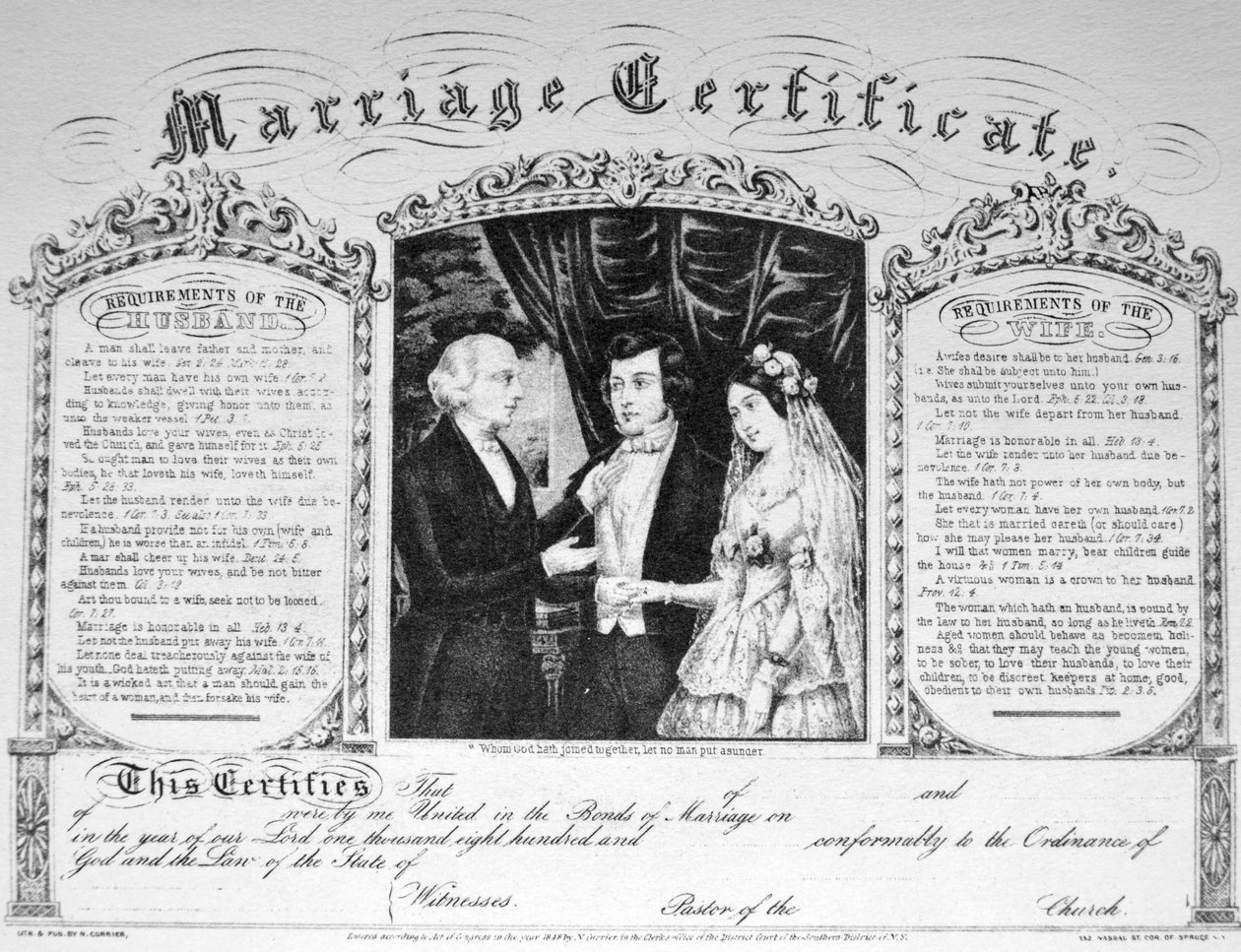 Currier & Ives Ilustração do século XIX. O certificado de casamento de N. and Ives, J.M. Currier