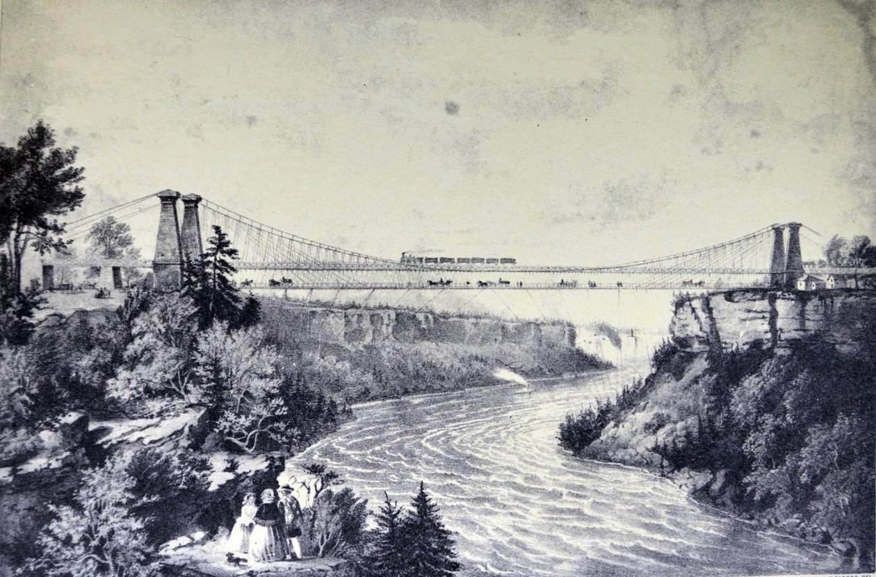 Currier & Ives Ilustração do século XIX. A ponte de suspensão da estrada de trilho, perto de Niagara Falls. de N. and Ives, J.M. Currier