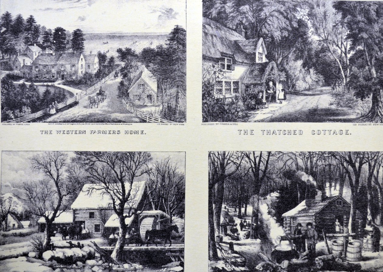 Currier & Ives Ilustração do século XIX. The Western Farmers Home; A casa de palha; Congelado Maple Sugaring, início da primavera na madeira do norte de N. and Ives, J.M. Currier