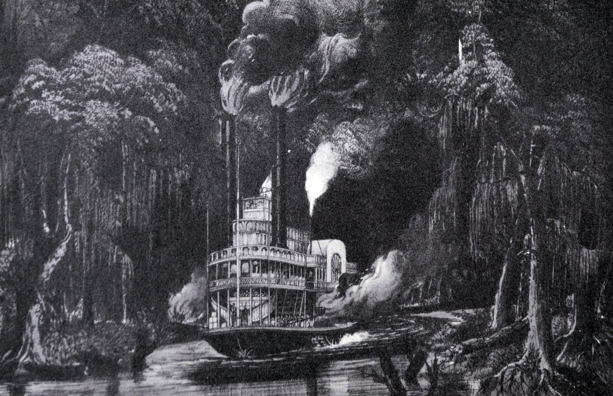 Currier & Ives Ilustração do século XIX. Através do Bayou por Torchlight de N. and Ives, J.M. Currier
