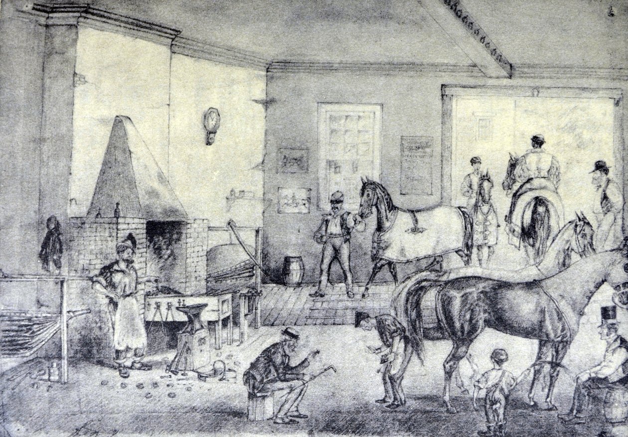 Currier & Ives Ilustração do século XIX. Fendas trotando na Forja (desenho original de Thomas Worth, do qual a impressão foi feita.) de N. and Ives, J.M. Currier