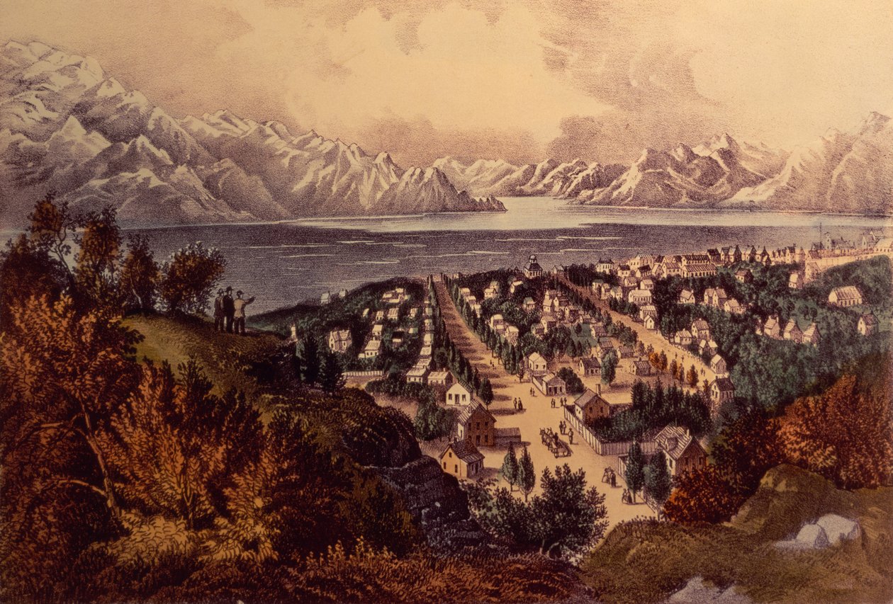 Great Salt Lake, Utah (cor lito) de N. and Ives, J.M. Currier