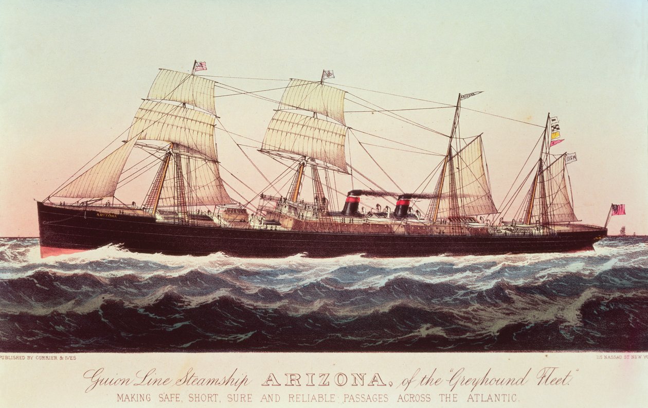 Guion Line Steamship Arizona, da &39;Greyhound Fleet&39;, fazendo Passagens Seguras, Curtas e Fiáveis do outro lado do Atlântico de N. and Ives, J.M. Currier