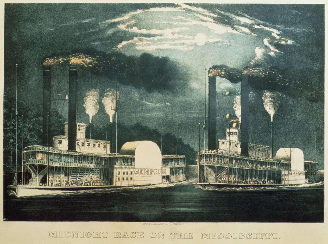 Corrida da meia-noite no Mississippi, 1875 de N. and Ives, J.M. Currier