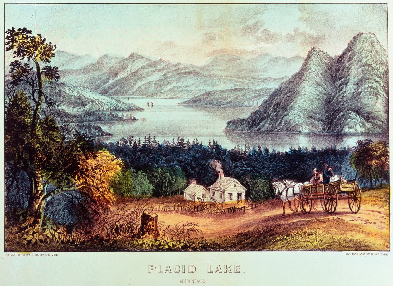 Lago calmo, Adirondacks de N. and Ives, J.M. Currier