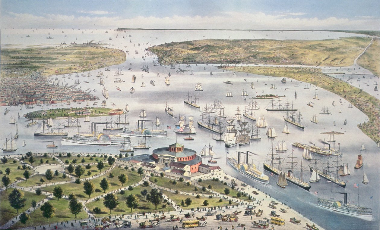 Porto de Nova York, olhando para o sul, c.1880 de N. and Ives, J.M. Currier