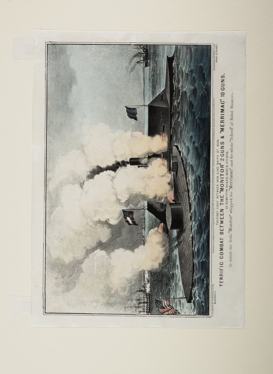 Ótimo combate entre o Monitor de duas armas e Merrimac dez armas, c.1862 de N. and Ives, J.M. Currier