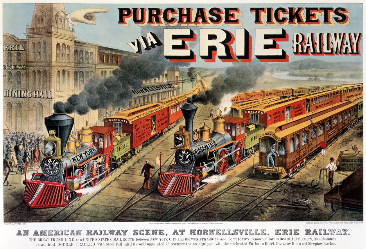 A cena ferroviária americana em Hornellsville, Erie Railway (impressão, 1874) de N. and Ives, J.M. Currier