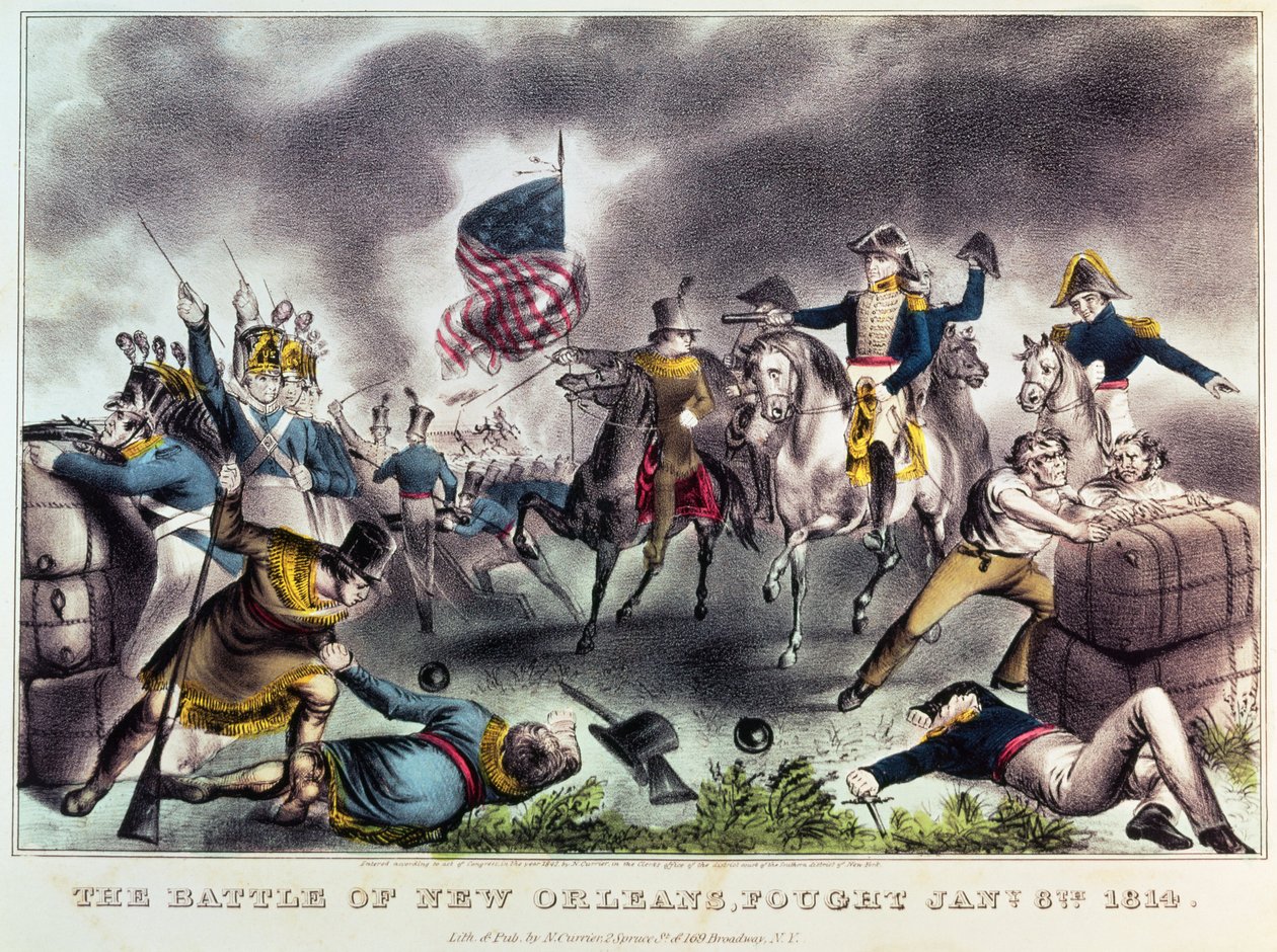 A Batalha de Nova Orleans, 8 de janeiro de 1814 de N. and Ives, J.M. Currier