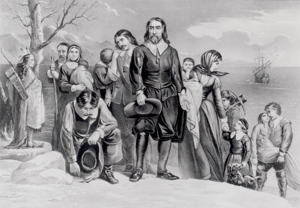 Aterrissagem dos peregrinos em Plymouth, Massachusetts. 22 de dezembro de 1620, pub. 1876 de N. and Ives, J.M. Currier