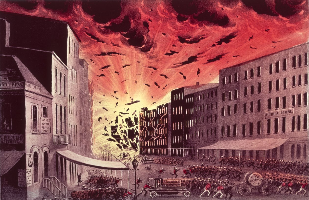 Vista da excelente explosão no grande incêndio em Nova York, 19 de julho de 1845, (impressão) de N. and Ives, J.M. Currier