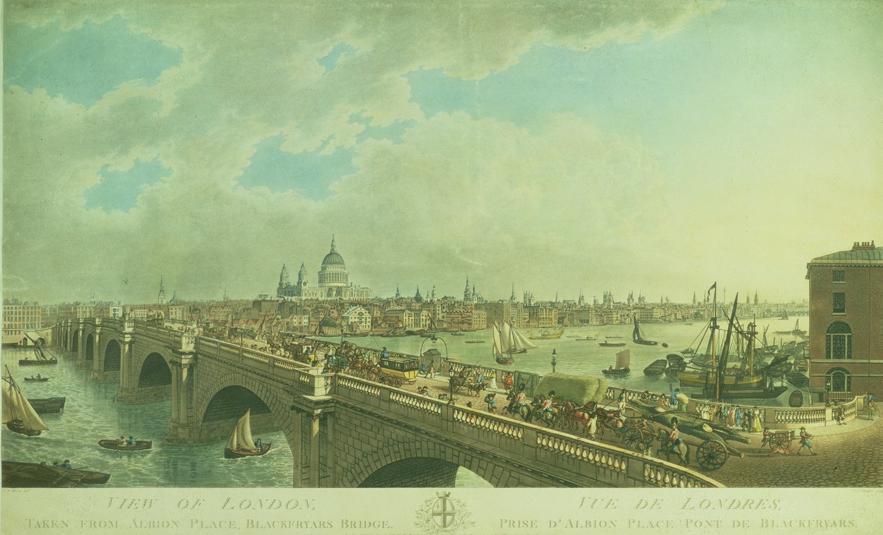 Vista de Londres tomada de Albion Place, ponte de Blackfriars, gravada por Joseph Constantine Stadler (fl.1780-1812), bar. 1802 (aquatinta) de N.R. Black