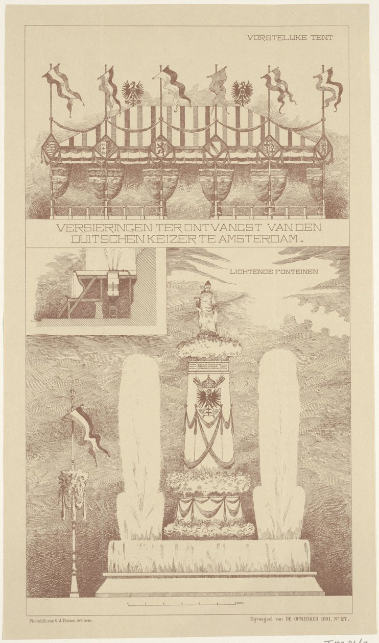 Decorações durante a visita do imperador alemão a Amsterdã, 1891 Decorações para a recepção do imperador alemão em Amsterdã (título no objeto) de NV Drukkerij G.J. Thieme
