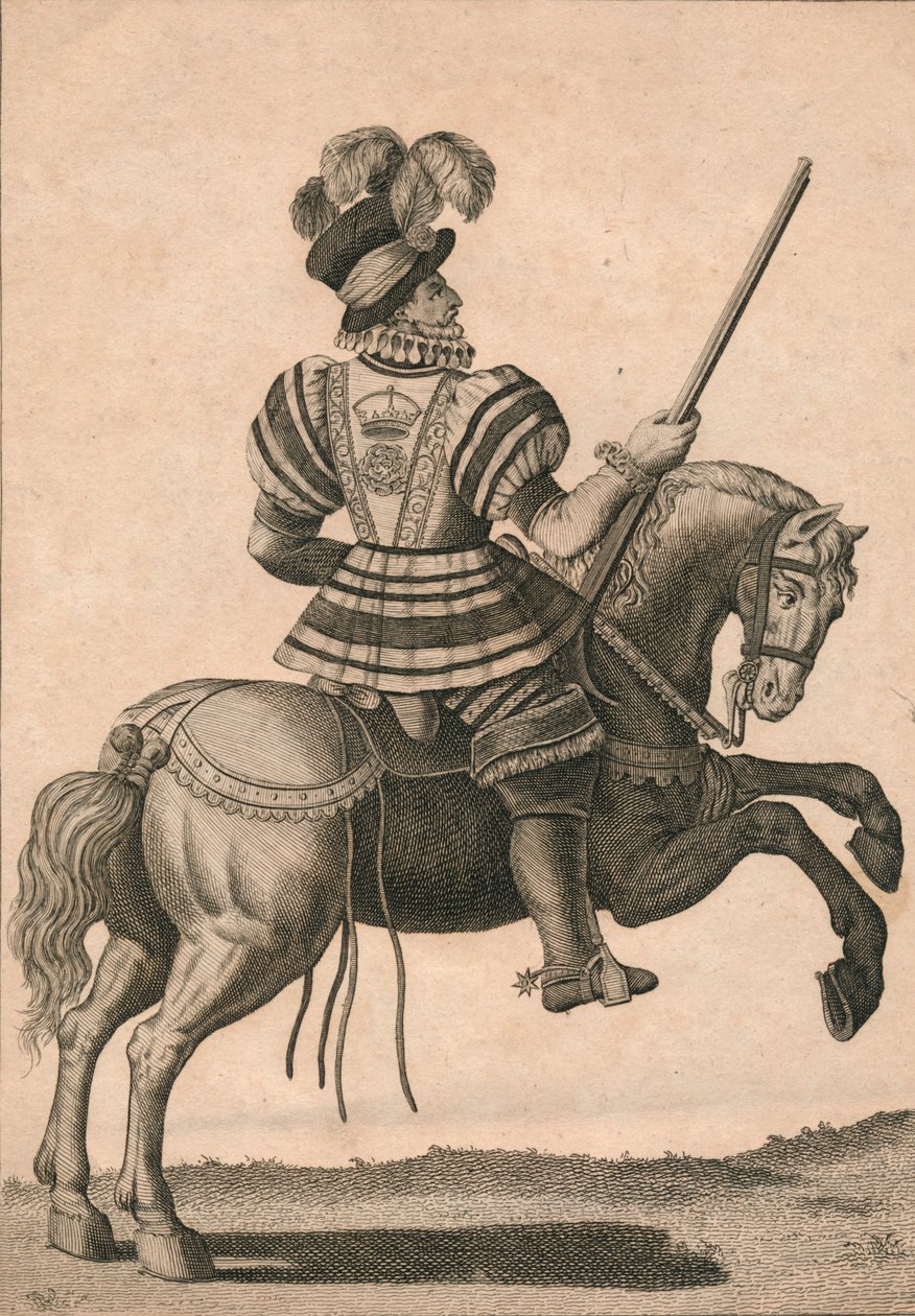 Um Yeoman da Guarda, participando da Rainha Elizabeth em Progresso, c1800. de N. C. Goodnight