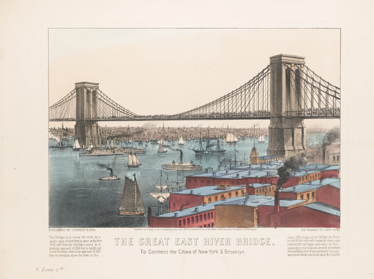 A grande ponte East River: para conectar as cidades de Nova York e Brooklyn, c.1872 de Nathaniel Currier