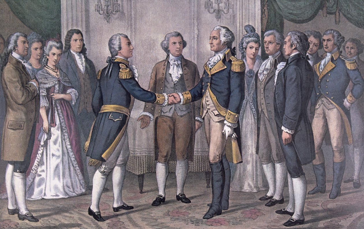 O Primeiro Encontro do General George Washington (1732-99) e do Marquês de La Fayette (1757-1834) Filadélfia, 3 de Agosto de 1777, publicado em 1876 (cor litho) de N. and Ives J.M. (after) Currier