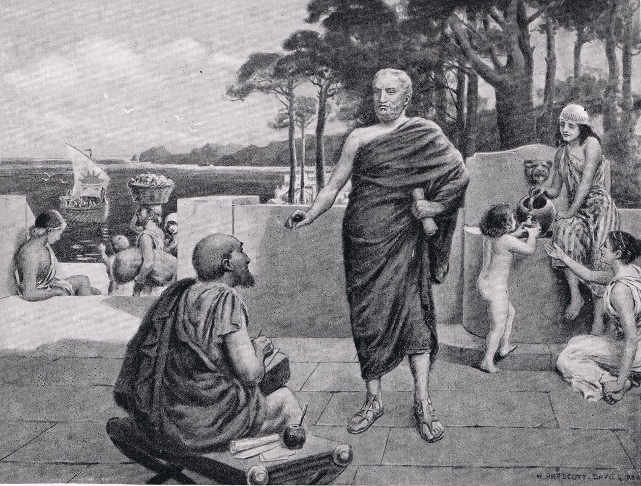 Tucídides no exílio, ilustração de Hutchinsons História das Nações, 1915 de N. Prescott Davies