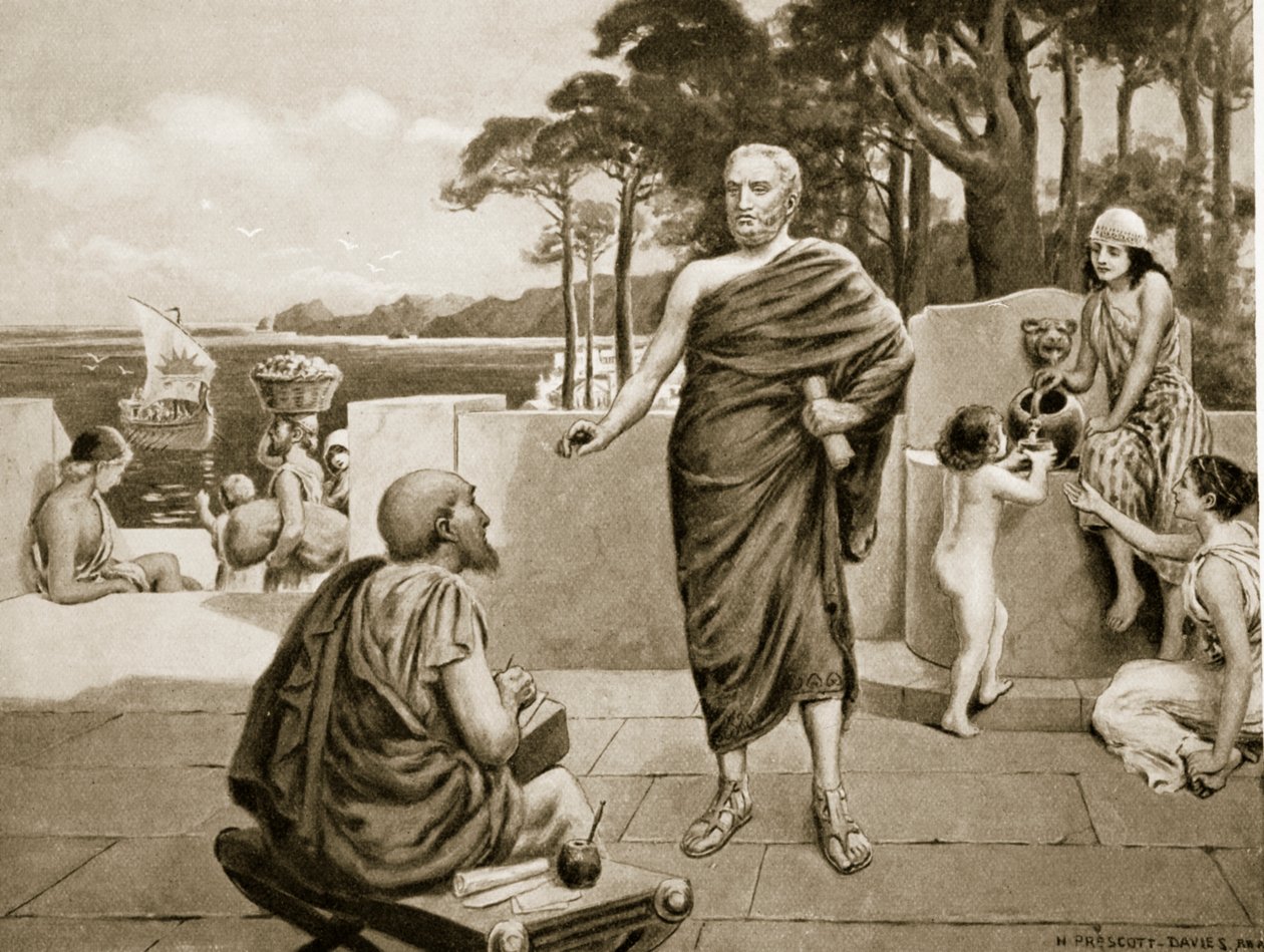 Tucídides no exílio, ilustração de Hutchinsons História das Nações, 1915 litho de N. Prescott Davies