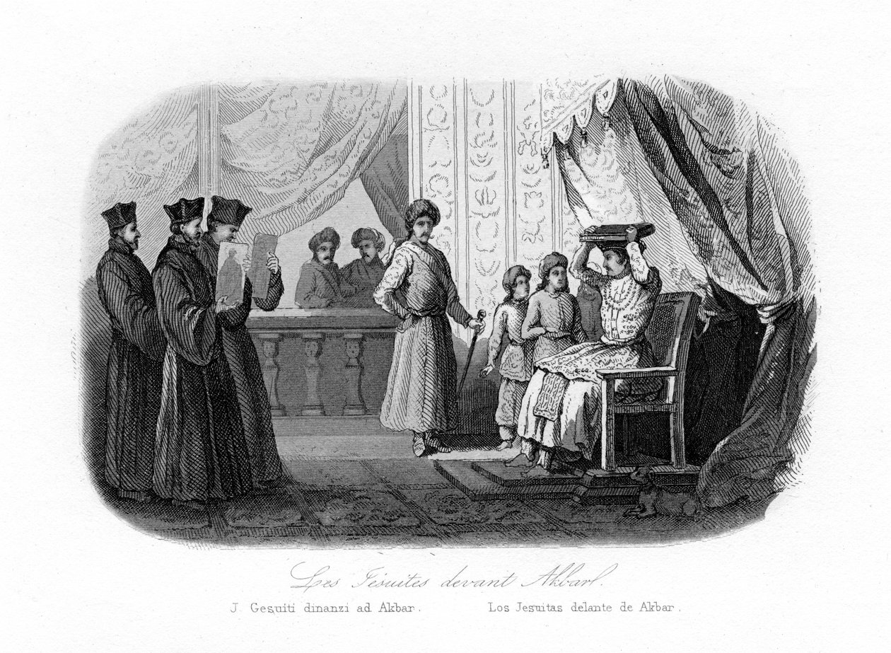 Jesuítas na frente de Akbar, 1580s, c1840. de N. Remond