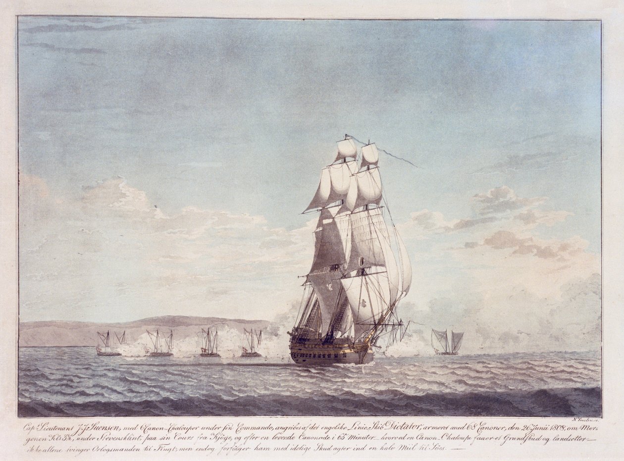 Navio de 64 canhões "Dictator" (1783) enfrentando canhoneiras dinamarquesas, 26 de junho de 1808, c.1810 (litografia a cores) de N. Truslew