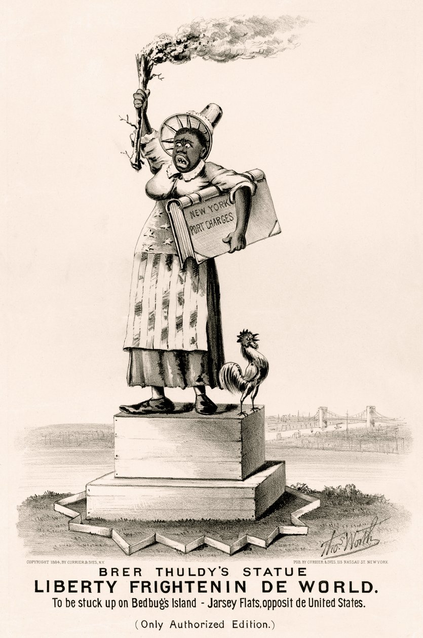 A Estátua da Liberdade de Brer Thuldy está a assustar o mundo: Para ficar presa na ilha dos percevejos - Jarsey Flats, em frente aos Estados Unidos de N. and Ives J.M. (1824-95) Currier