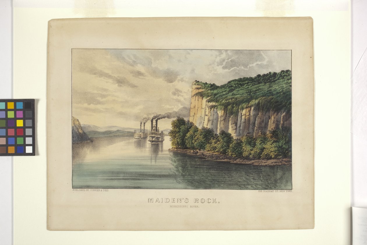 Rocha da Donzela - Rio Mississippi (litografia colorida à mão) de N. and Ives J.M. (1824 95) Currier