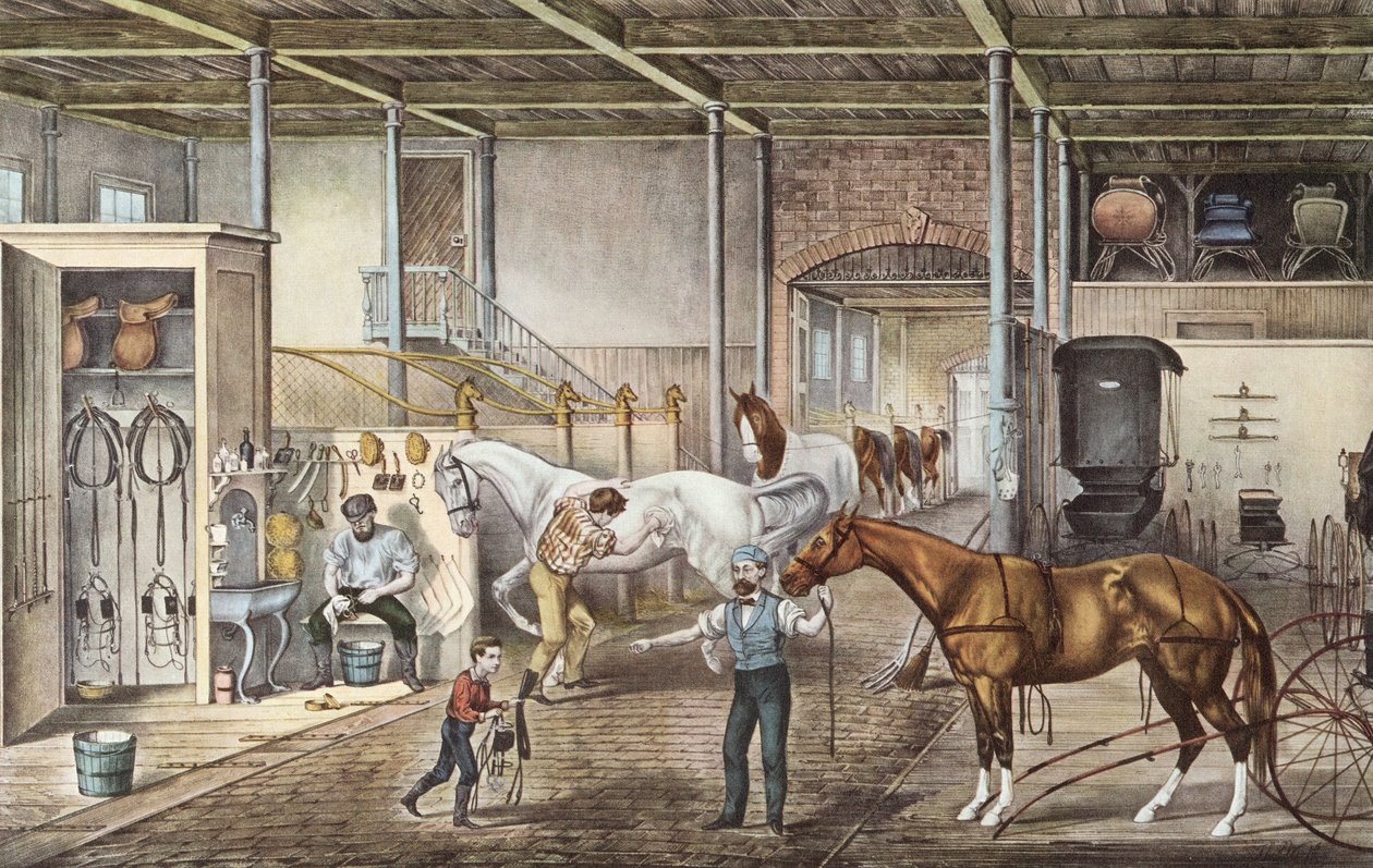 Modelo de estábulo onde os rapazes e os tratadores tratam realmente dos cavalos, gravura do livro "America" de Currier e Yves 1870 de N. and Ives J.M. (1824 95) Currier